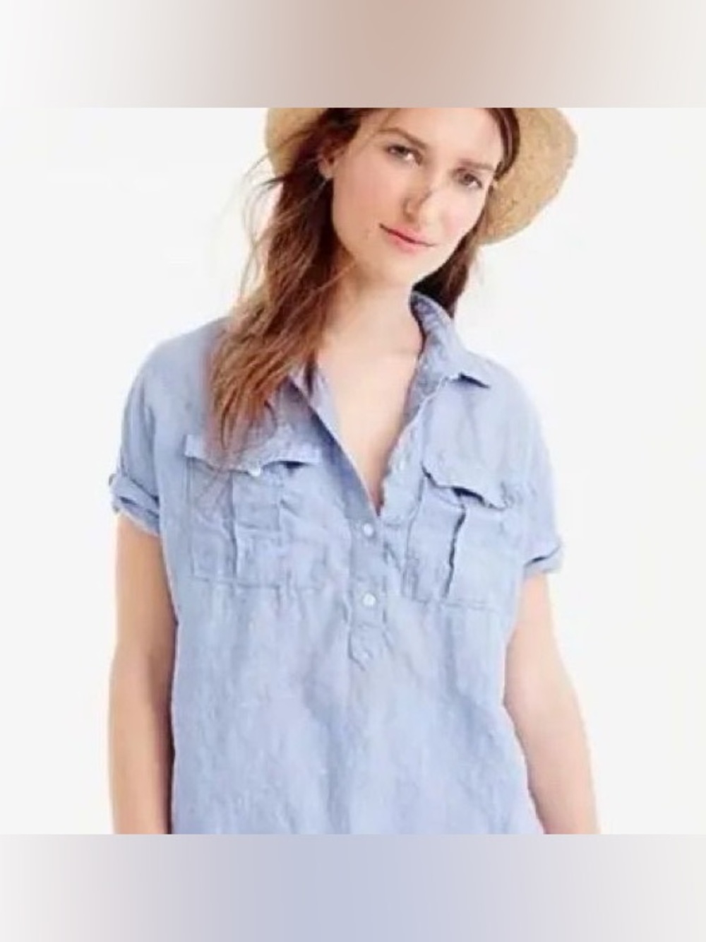 J. Crew Light Blue Irish ☘️ Linen-Short Sleeve Button Placket Shirt - Picture 3 of 8